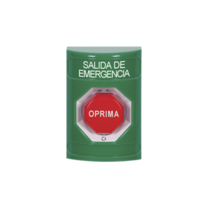 BOTÓN DE SALIDA DE EMERGENCIA EN ESPAÑOL, ACCIÓN MANTENIDA, GIRAR PARA RESTABLECER Y LED MULTICOLOR