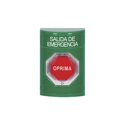 BOTÓN DE SALIDA DE EMERGENCIA EN ESPAÑOL, ACCIÓN MANTENIDA, GIRAR PARA RESTABLECER Y LED MULTICOLOR