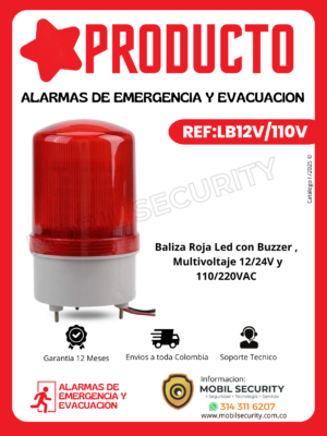 Baliza Roja Led con Buzzer Multivoltaje 12/24VDC y 110/220VAC
